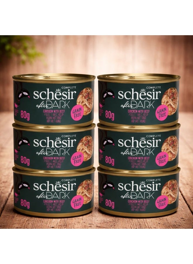 Schesir After Dark Wet Cat Food for Adult Cats – Chicken with Beef – Grain-Free High-Protein Formula – 480 g (6 x 80 g Cans) - Image 1